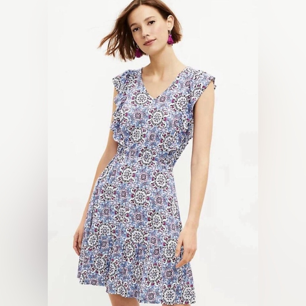 LOFT RUFFLE SLEEVE FLORAL PRINT ELASTIC WAIST DRESS SIZE EXTRA SMALL